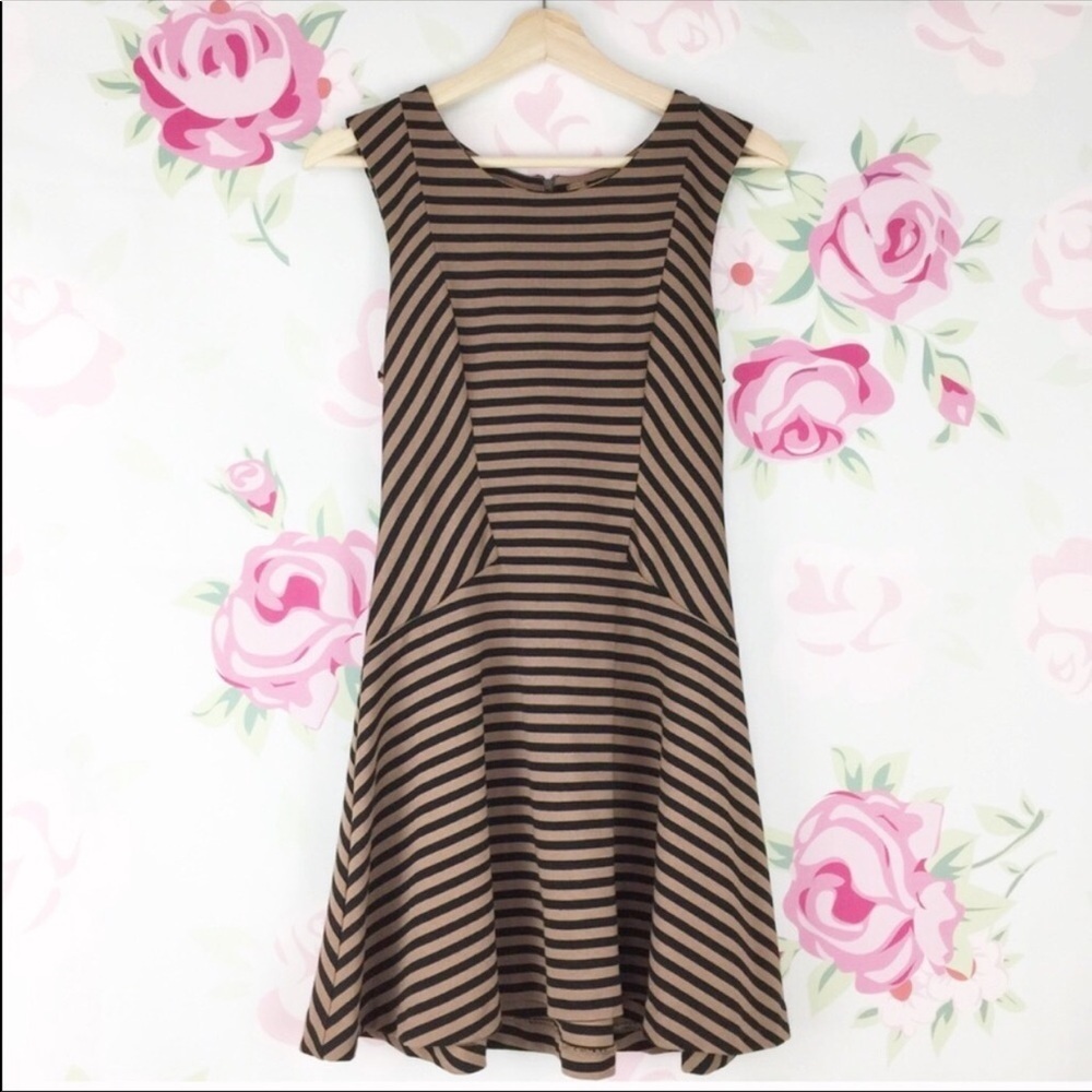 Free People Black Brown Stripe Fit and Flare Mini Dress XS